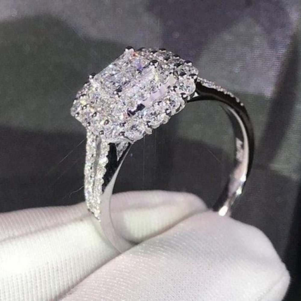 NEW 925 STERLING SILVER DIAMOND HALO SQUARE RING, CUTE RING, SHINY RING. - Picture 4 of 6